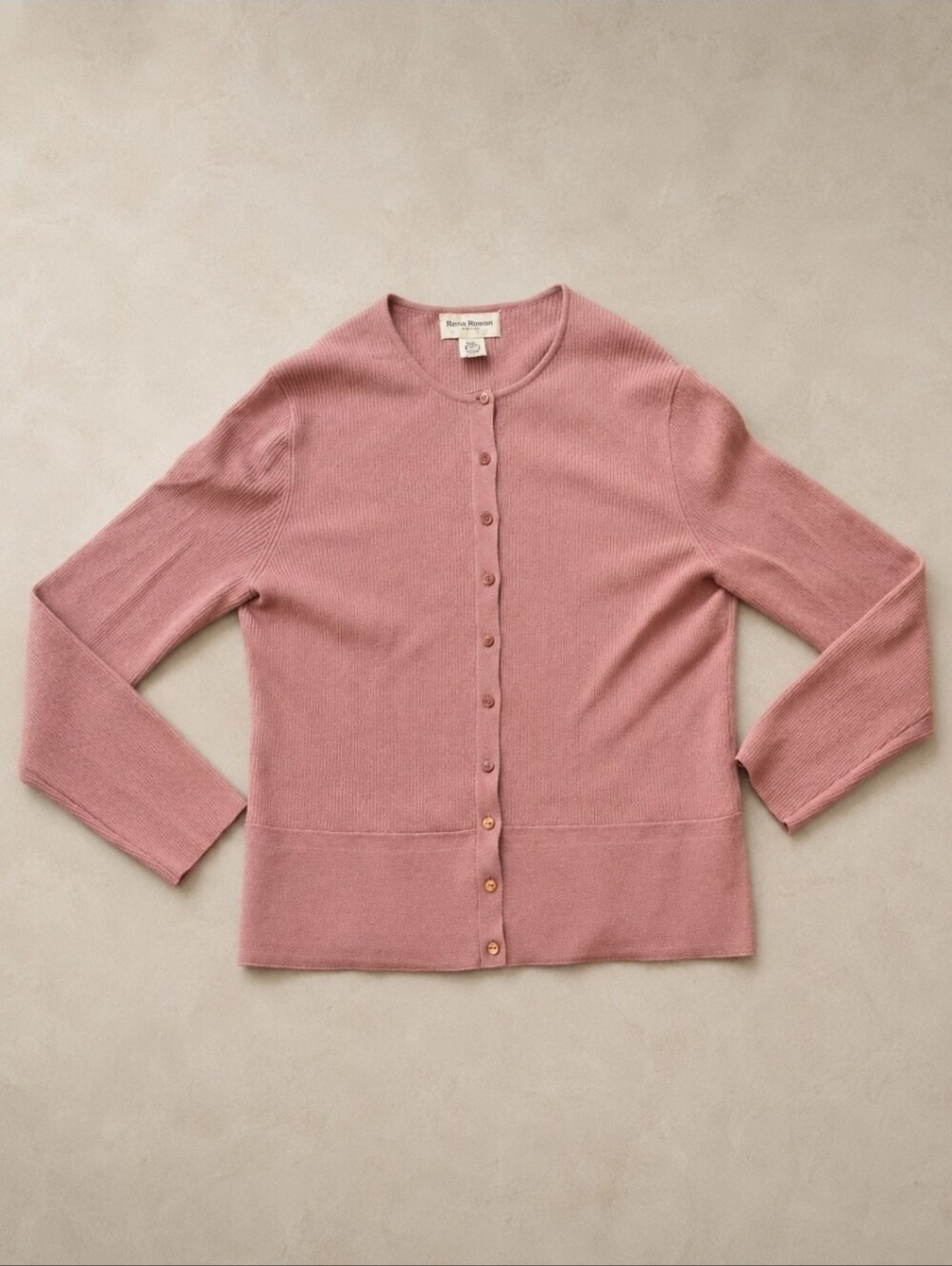 VTG Rena Rowan Petite Dusty Rose Rib Knit Cardigan Rayon Nylon Hong Kong P/L